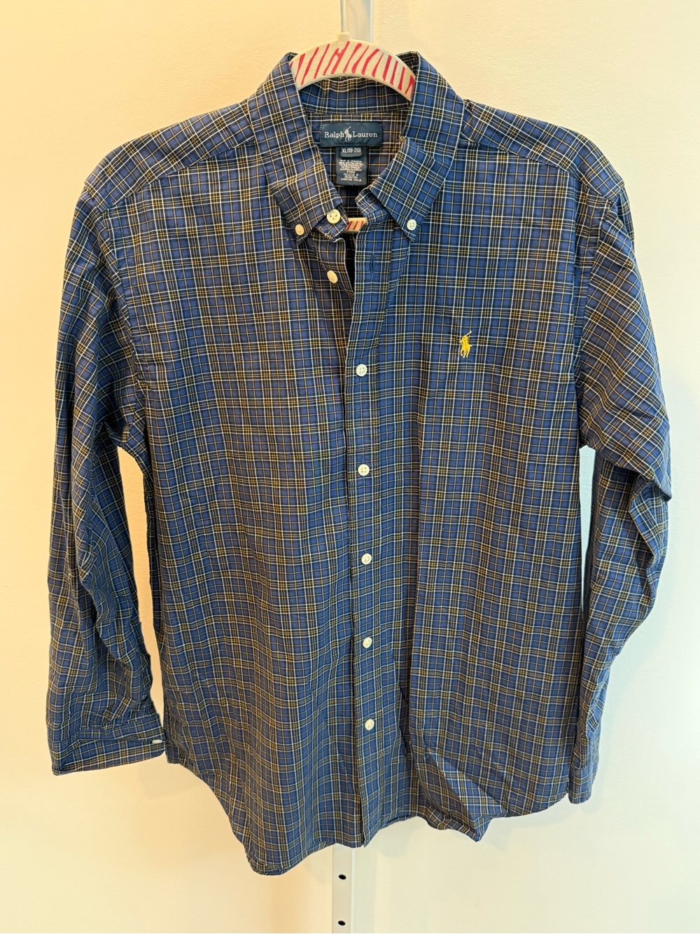Ralph Lauren Blue Yellow Plaid Button-Down Shirt Boys Cotton Long Sleeve Size XL